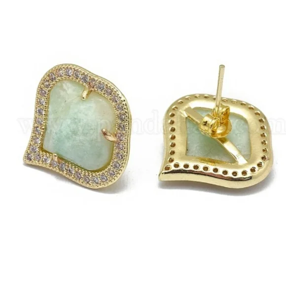 Moroccan ogee shaped natural Amazonite stud earrings with zirconia; brass; nwot - Picture 6 of 7